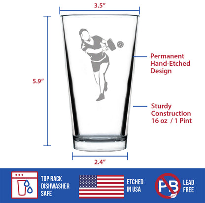 Pickleball Player Female - Funny Pickleball Themed Decor and Gifts - 16 Ounce Pint Glass