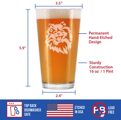 Pomeranian Face Pint Glass for Beer - Unique Dog Themed Decor and Gifts for Moms & Dads of Pomeranians - 16 Oz
