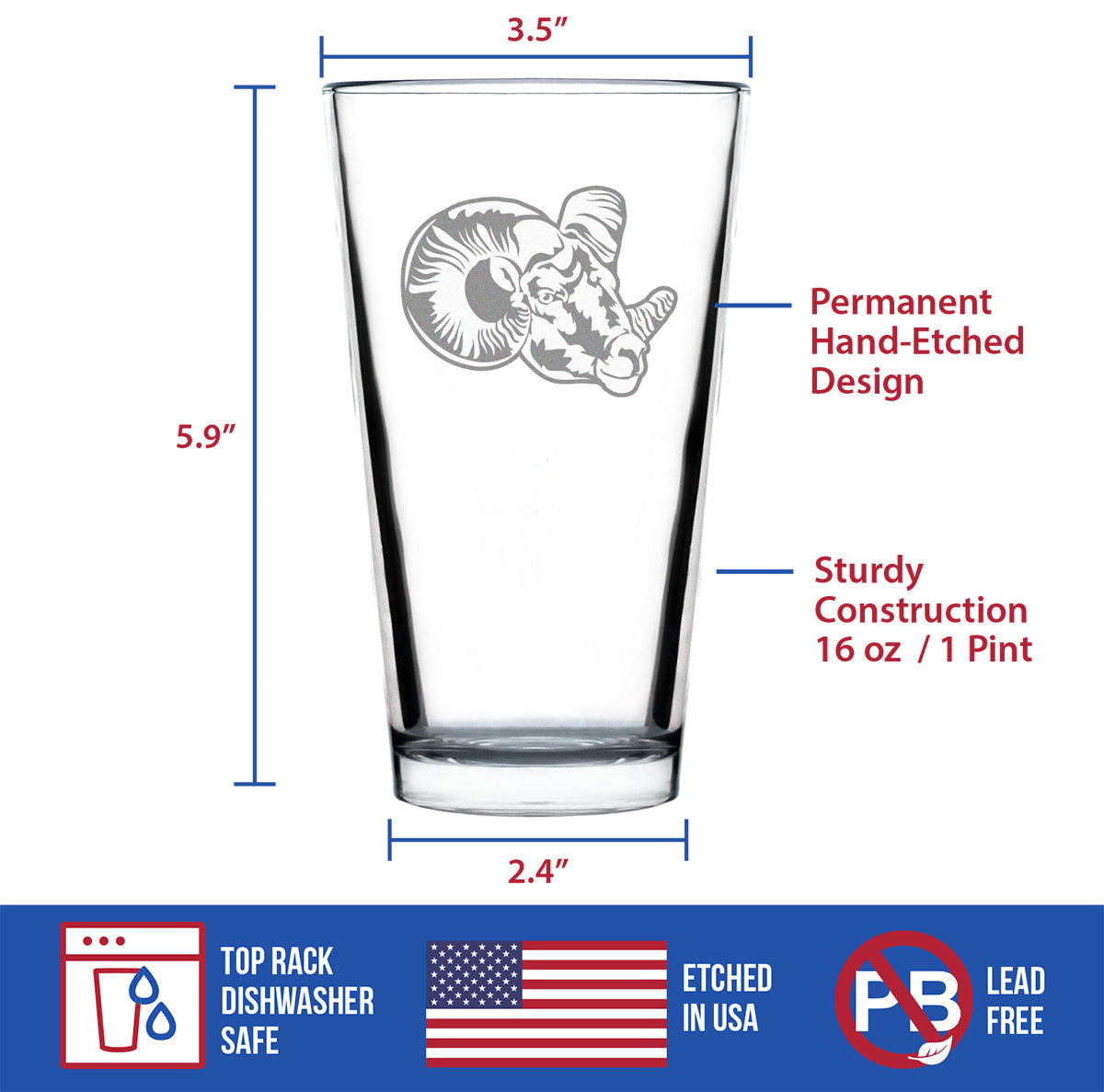 Ram Face Pint Glass for Beer - Bighorn Sheep Themed Decor and Gifts for Rocky Mountain Animal Lovers - 16 Oz Glasses