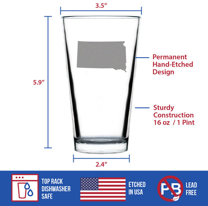 South Dakota State Outline Pint Glass for Beer - State Themed Drinking Decor and Gifts for South Dakotan Women & Men - 16 Oz Glasses