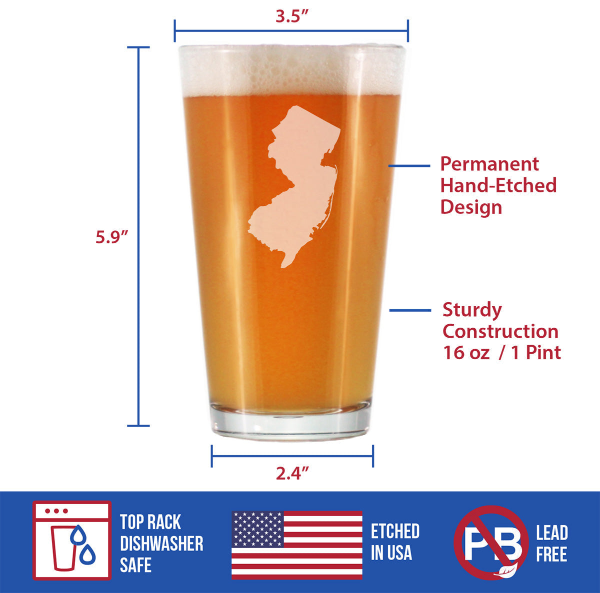 New Jersey State Outline Pint Glass for Beer - State Themed Drinking Decor and Gifts for New Jerseyan Women & Men - 16 Oz Glasses