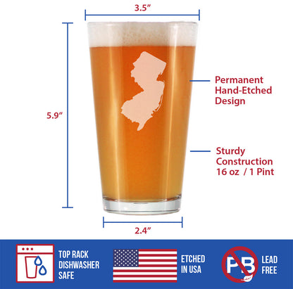 New Jersey State Outline Pint Glass for Beer - State Themed Drinking Decor and Gifts for New Jerseyan Women & Men - 16 Oz Glasses