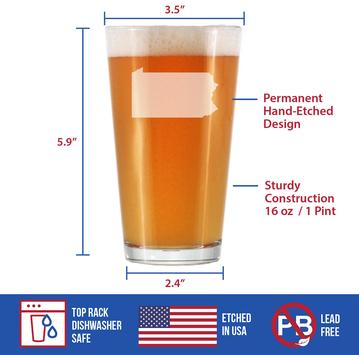 Pennsylvania State Outline Pint Glass for Beer - State Themed Drinking Decor and Gifts for Pennsylvanian Women & Men - 16 Oz Glasses