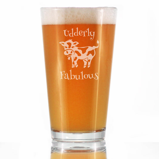 Udderly Fabulous - Pint Glass for Beer - Funny Cow Gifts for Men & Women - Fun Cow Themed Décor - 16 oz