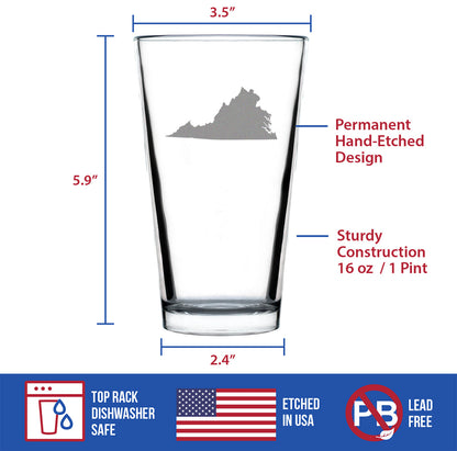 Virginia State Outline Pint Glass for Beer - State Themed Drinking Decor and Gifts for Virginian Women & Men - 16 Oz Glasses