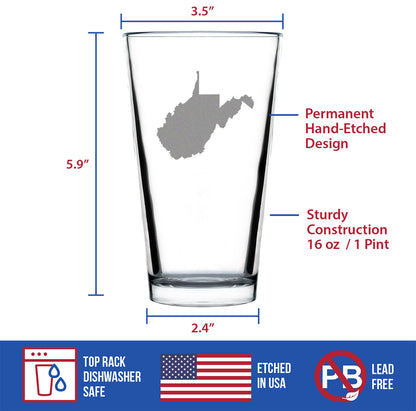 West Virginia State Outline Pint Glass for Beer - State Themed Drinking Decor and Gifts for West Virginian Women & Men - 16 Oz Glasses