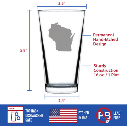 Wisconsin State Outline Pint Glass for Beer - State Themed Drinking Decor and Gifts for Wisconsinite Women & Men - 16 Oz Glasses