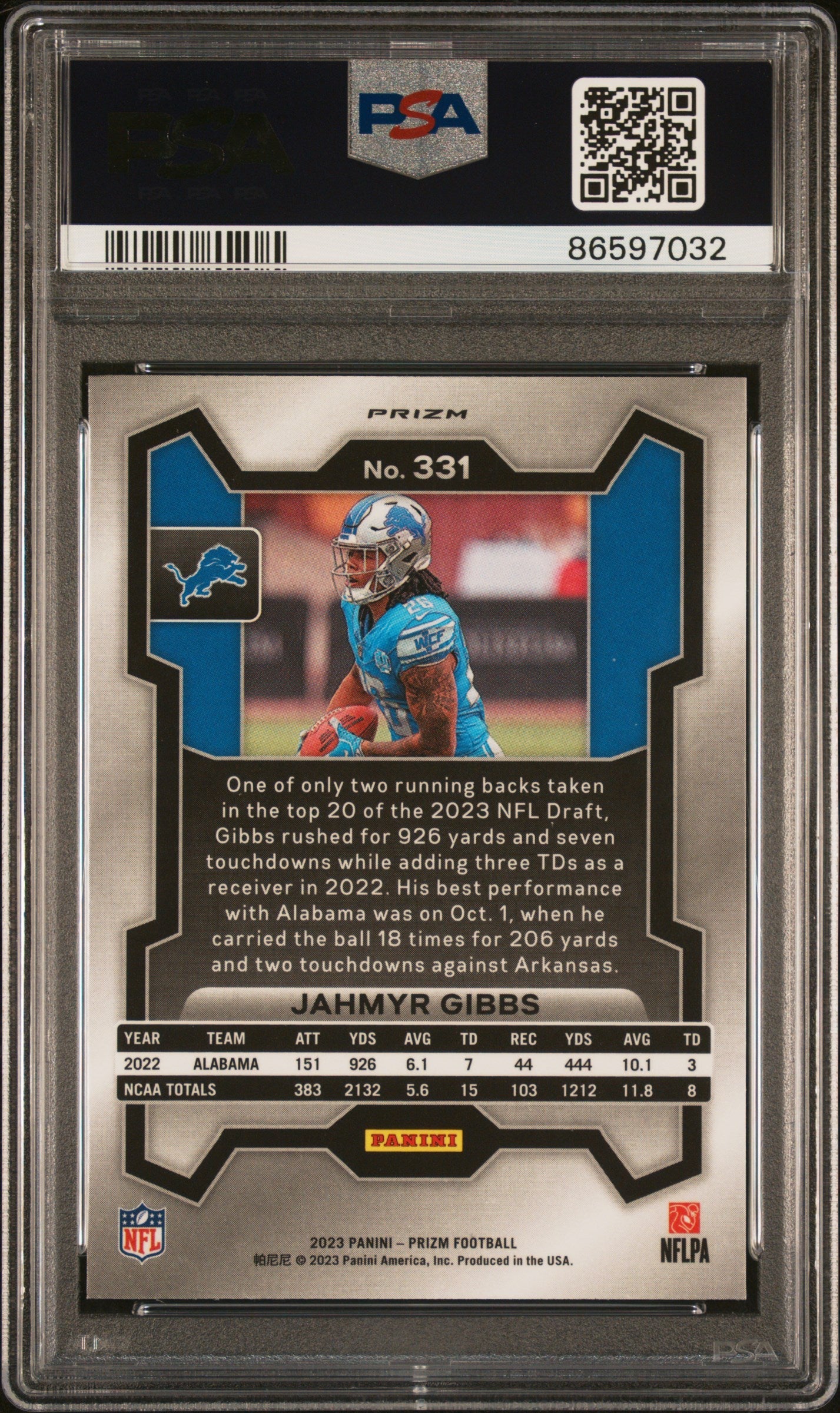 Graded 2023 Panini Prizm Jahmyr Gibbs #331 Neon Green Pulsar Rookie RC Football Card PSA 10 Gem Mint