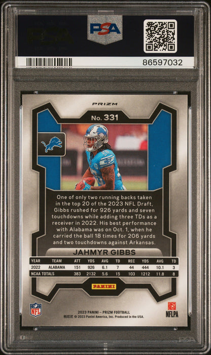 Graded 2023 Panini Prizm Jahmyr Gibbs #331 Neon Green Pulsar Rookie RC Football Card PSA 10 Gem Mint