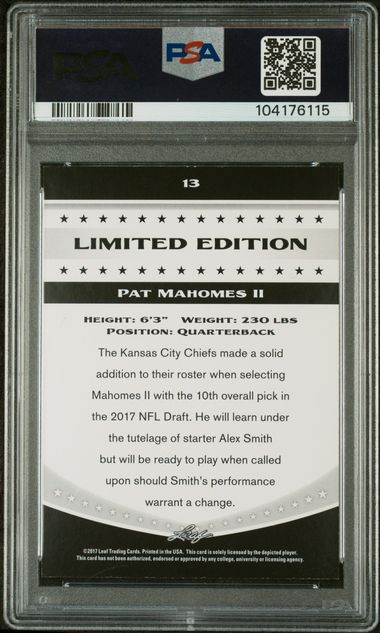 Graded 2017 Leaf Draft Patrick Mahomes II #13 Special Release Limited Edition Rookie RC Football Card PSA 9 Mint