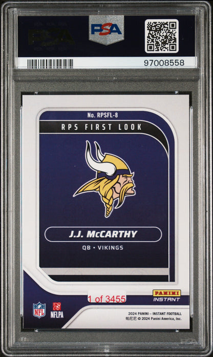 Graded 2024 Panini Instant NFL JJ McCarthy #RPSFL8 RPS First Look Rookie RC Football Card PSA 10 Gem Mint