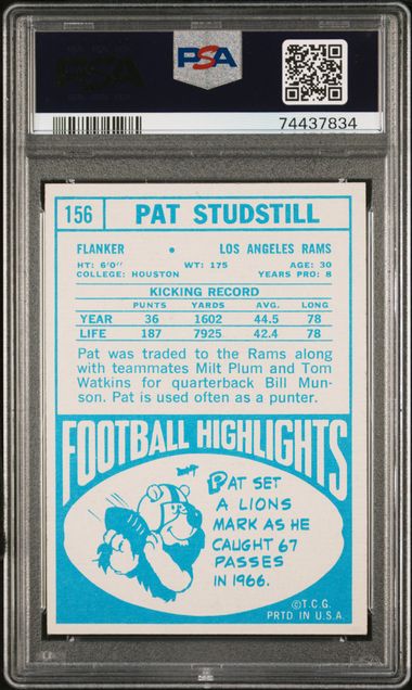 Graded 1968 Topps Pat Studstill #156 Football Card PSA 7 Near Mint
