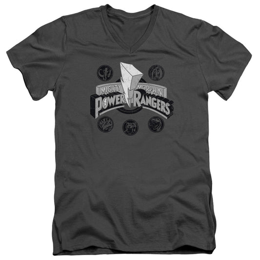 Power Rangers Power Coins Mens Slim Fit V-Neck T Shirt Charcoal Officially Licensed