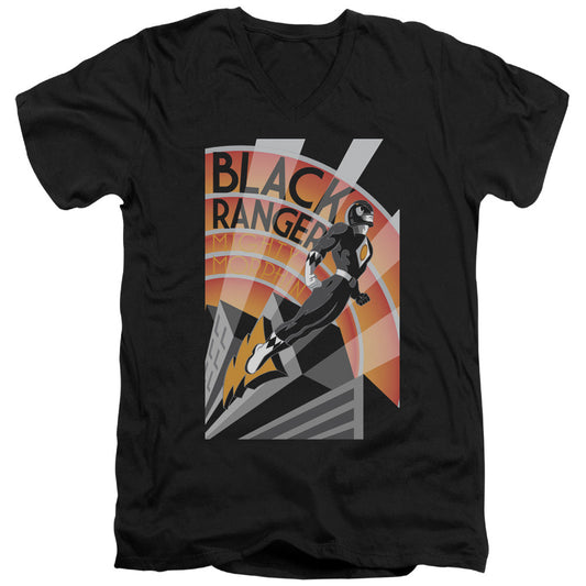 Power Rangers Black Ranger Deco Mens Slim Fit V-Neck T Shirt Black Officially Licensed