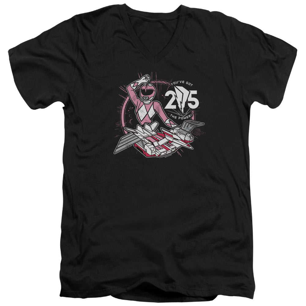 Power Rangers Pink 25 Mens Slim Fit V-Neck T Shirt Black Officially Licensed
