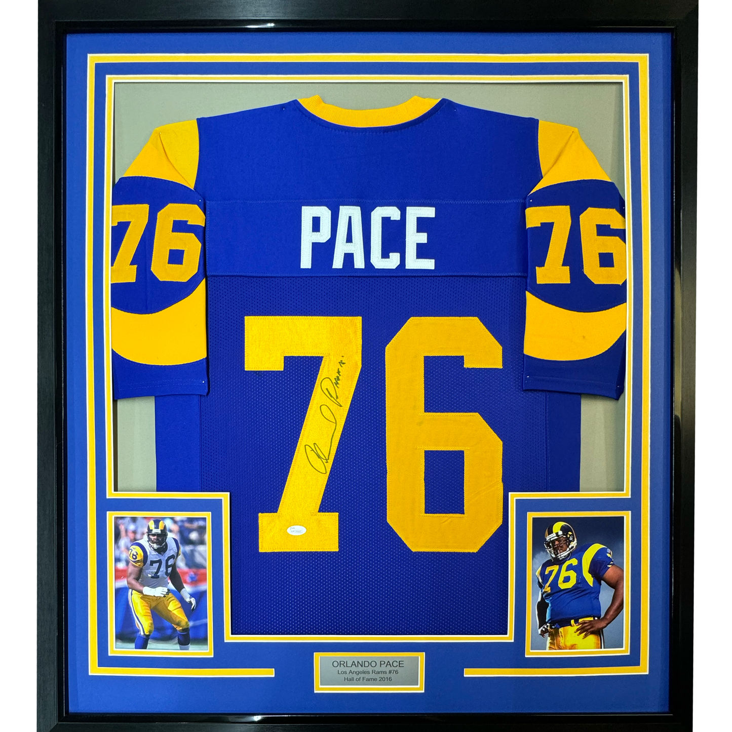 Framed Autographed/Signed Orlando Pace HOF 16 35x39 Los Angeles LA Blue Football Jersey JSA COA