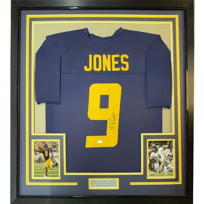 Framed Autographed/Signed Adam Pacman Jones 35x39 West Virginia Blue College Football Jersey JSA COA