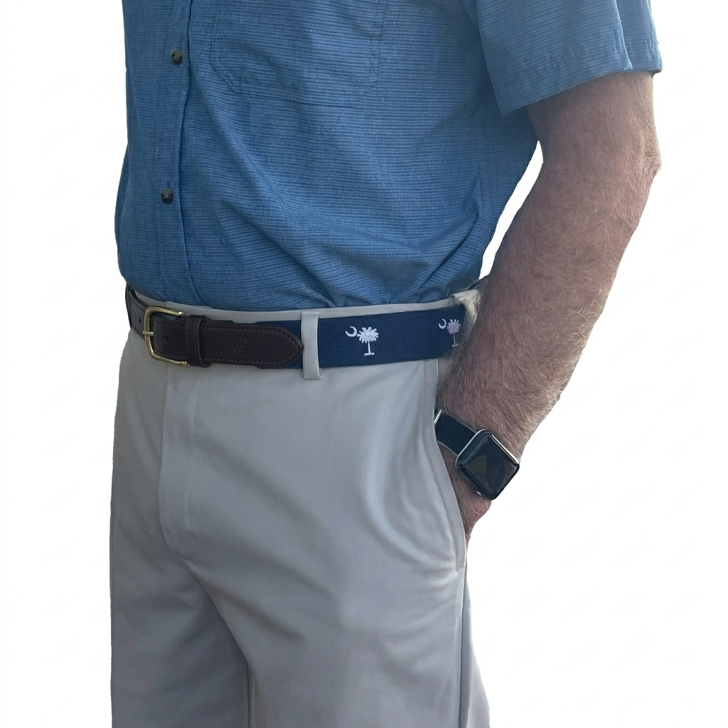 SC State Flag Belt Crescent Moon Palmetto Tree on Navy Blue Cotton Web