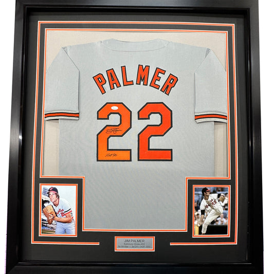 Framed Autographed/Signed Jim Palmer HOF 1990 35x39 Baltimore Grey Baseball Jersey JSA COA