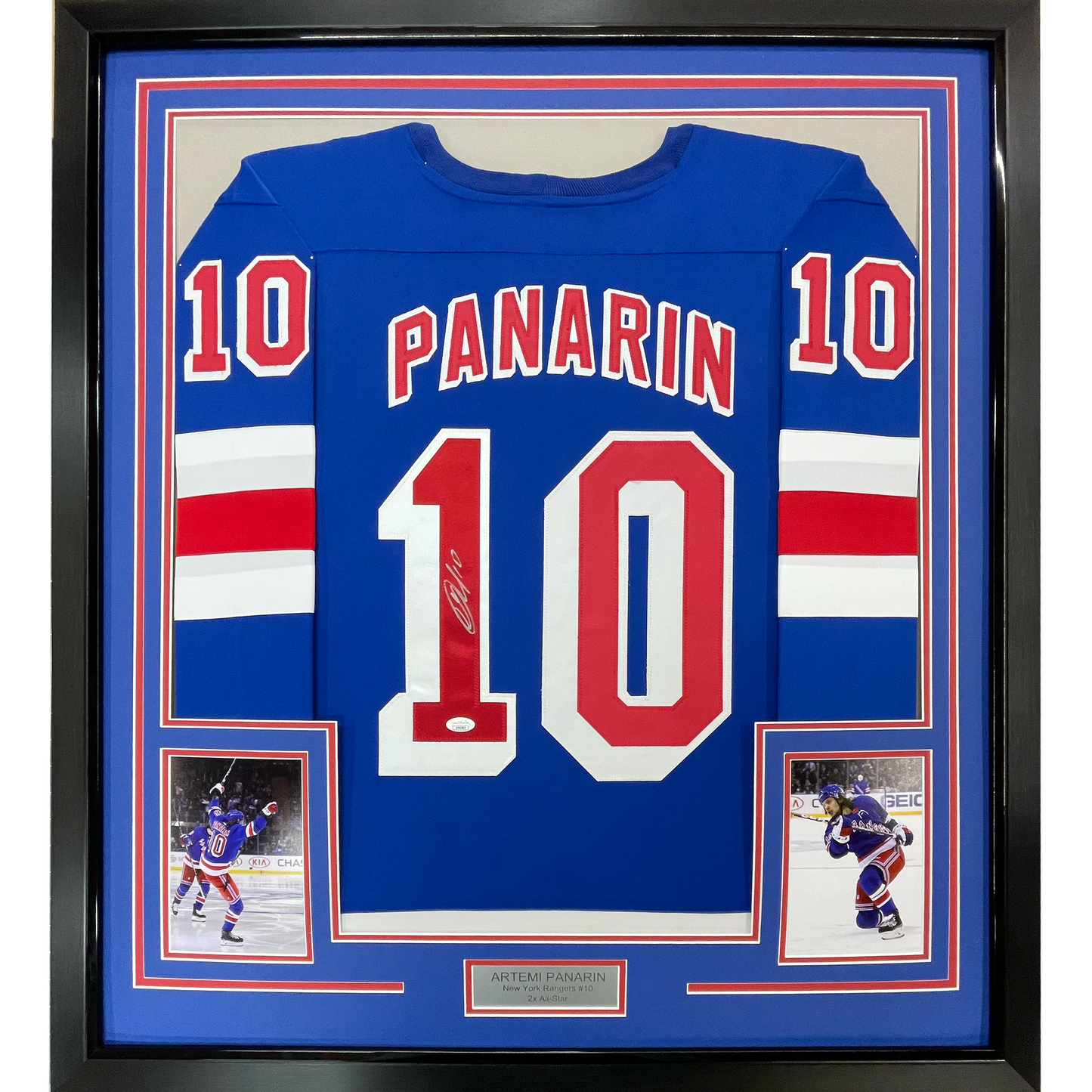 Framed Autographed/Signed Artemi Panarin 35x39 New York Blue Hockey Jersey JSA COA