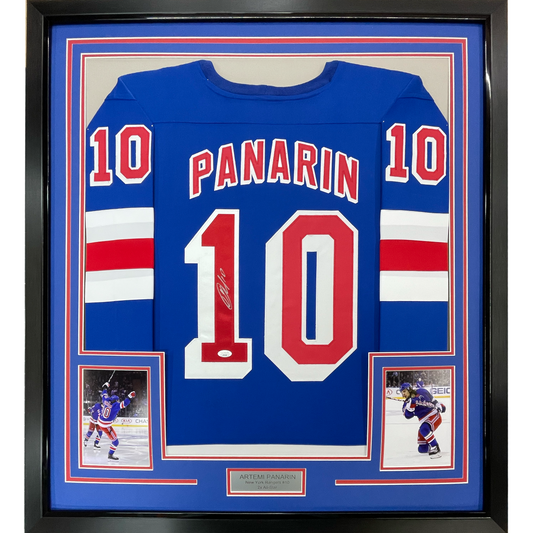 Framed Autographed/Signed Artemi Panarin 35x39 New York Blue Hockey Jersey JSA COA