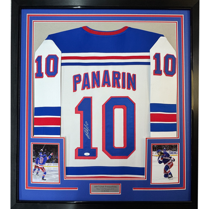 Framed Autographed/Signed Artemi Panarin 35x39 New York White Hockey Jersey JSA COA