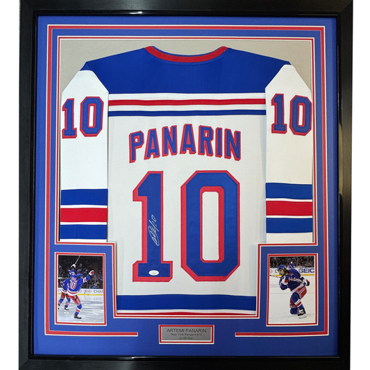Framed Autographed/Signed Artemi Panarin 35x39 New York White Hockey Jersey JSA COA