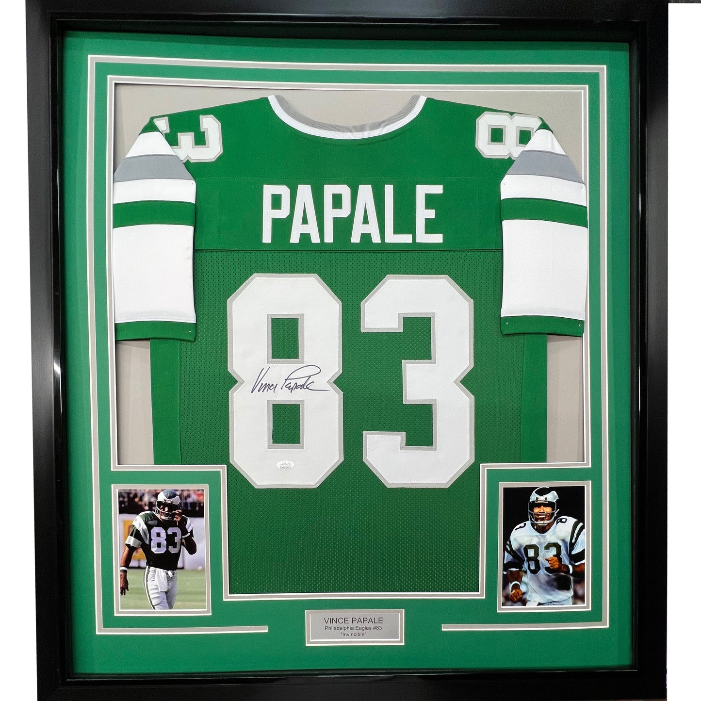 Framed Autographed/Signed Vince Papale 35x39 Philadelphia Green Football Jersey JSA COA