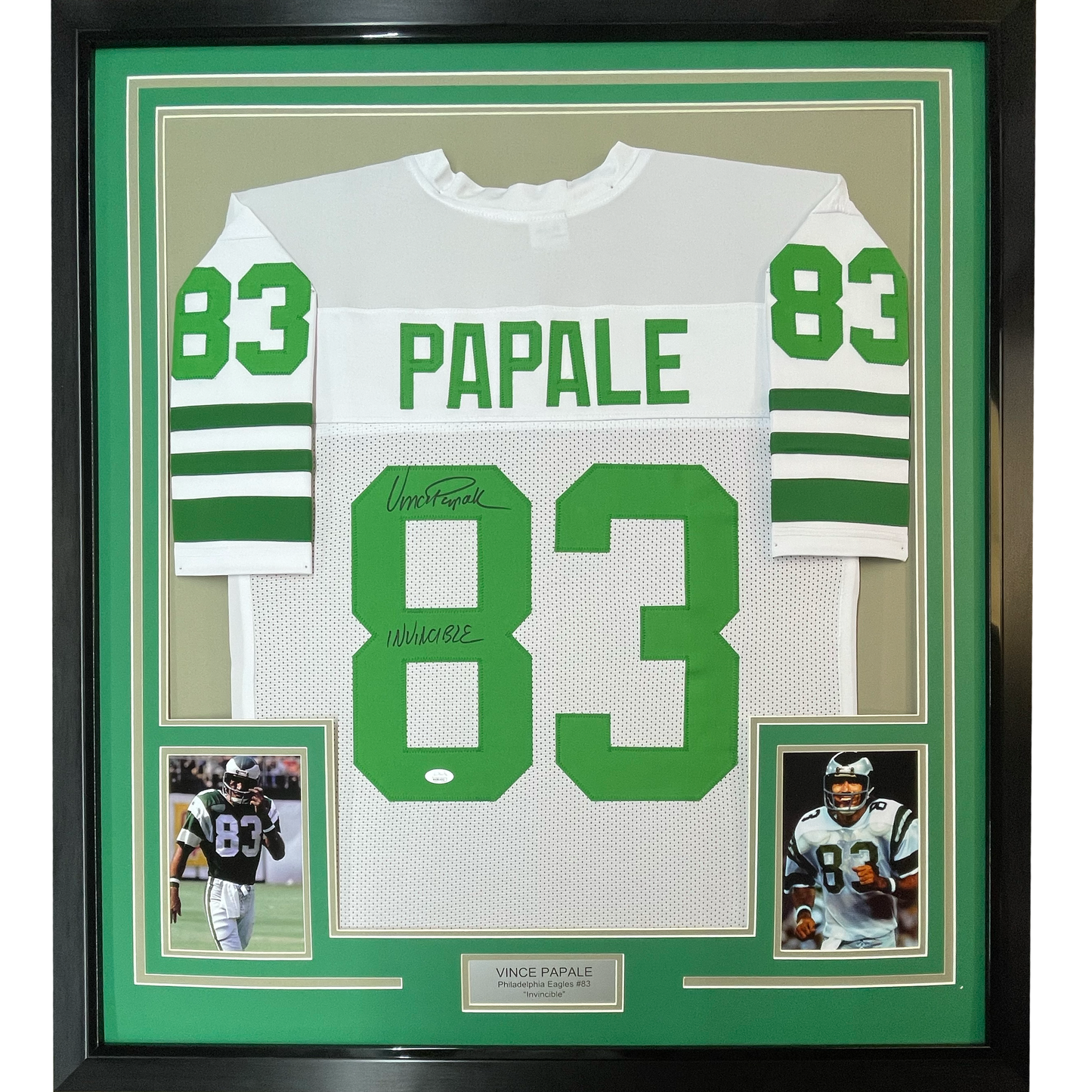 Framed Autographed/Signed Vince Papale 35x39 Philadelphia White Football Jersey JSA COA