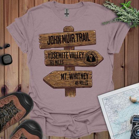 John Muir Trail Unisex Fit Soft T-Shirt Wood Sign 211 Miles