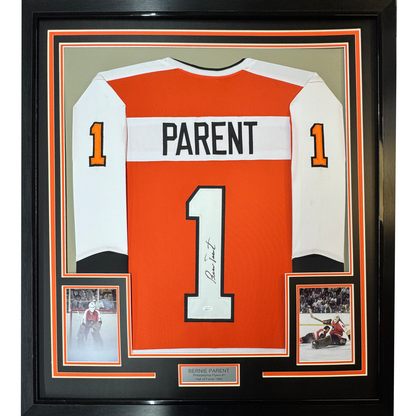 Framed Autographed/Signed Bernie Parent 35x39 Philadelphia Orange Hockey Jersey JSA COA