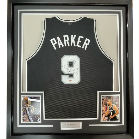 Framed Autographed/Signed Tony Parker 35x39 San Antonio Black Basketball Jersey JSA COA