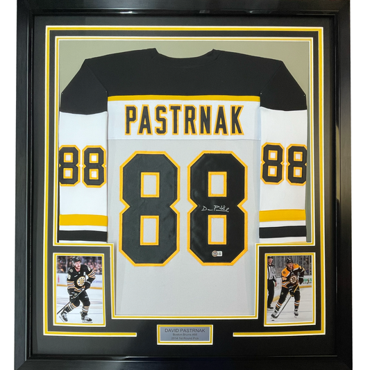 Framed Autographed/Signed David Pastrnak 35x39 Boston White Hockey Jersey PSA/DNA COA