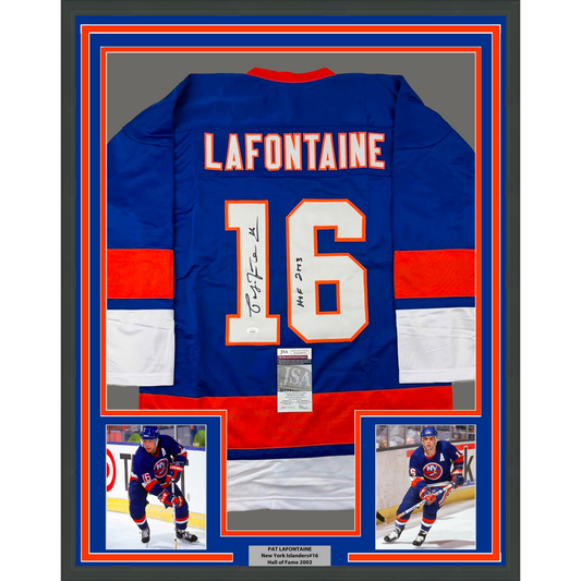 Framed Autographed/Signed Pat Lafontaine 35x39 HOF 03 New York Blue Hockey Jersey JSA COA