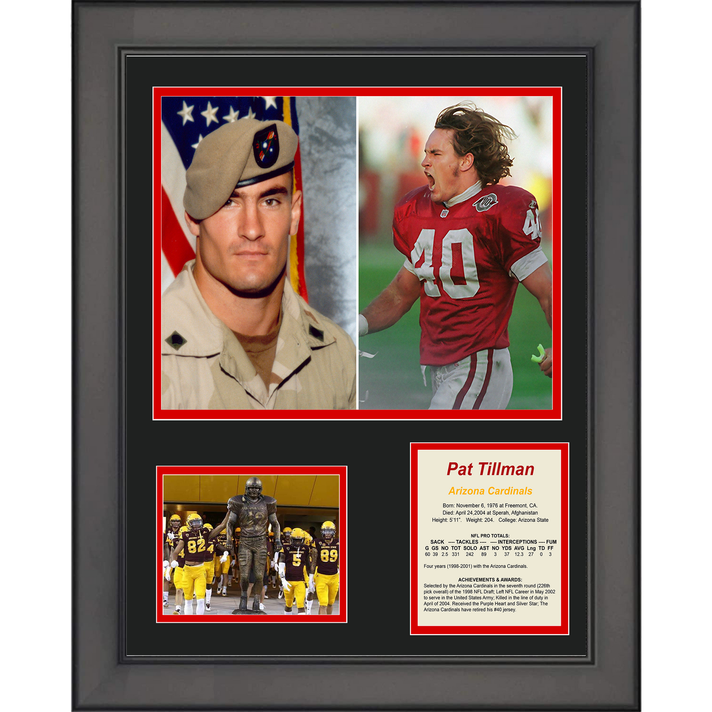 Framed Pat Tillman Arizona Cardinals Football 11"x14" Three Photo Collage