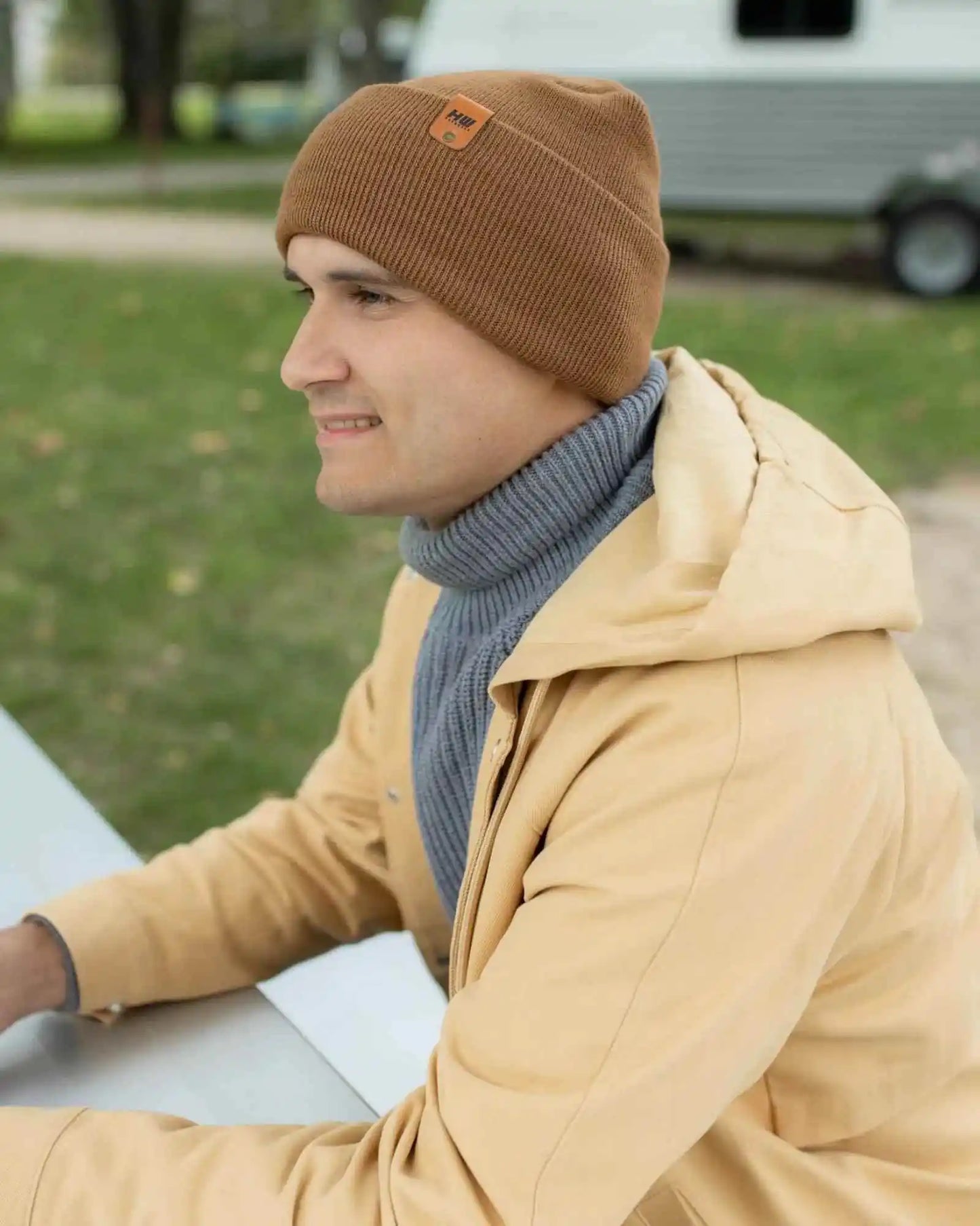 Patented H Stitch Cuffed Beanie, Camel Brown