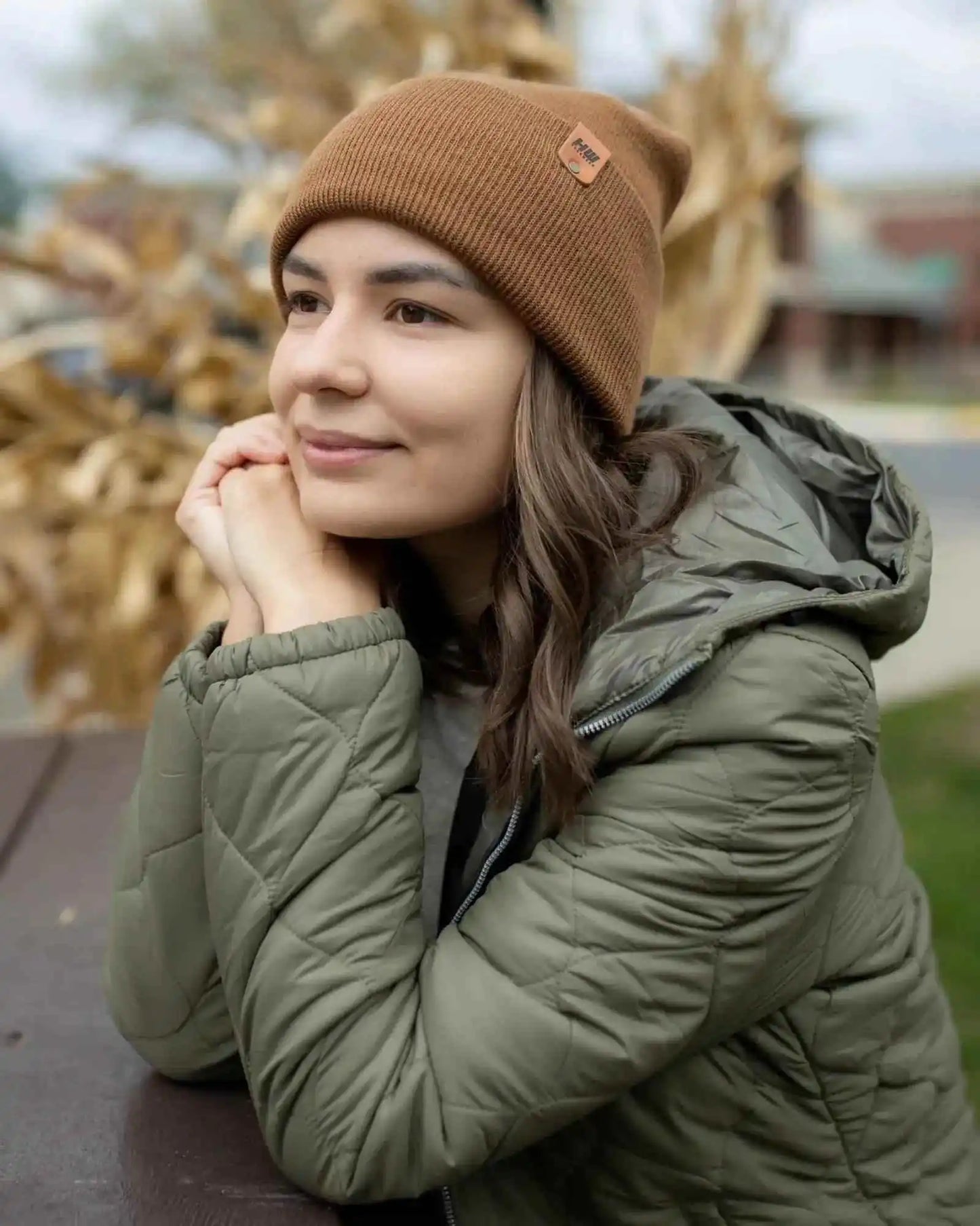 Patented H Stitch Cuffed Beanie, Camel Brown