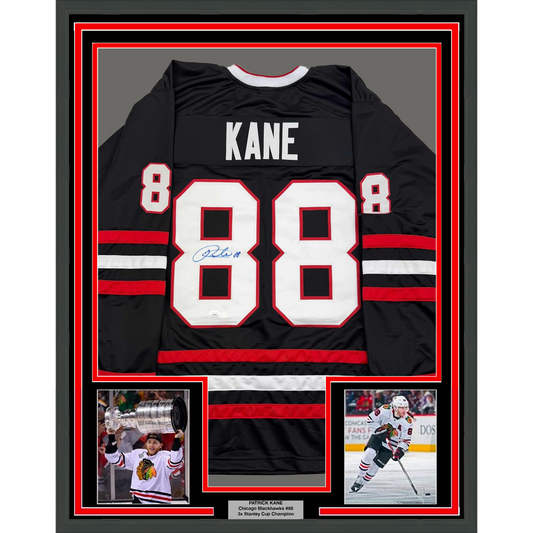 Framed Autographed/Signed Patrick Kane 35x39 Chicago Black Hockey Jersey JSA COA