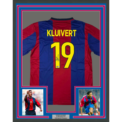 Framed Autographed/Signed Patrick Kluivert 35x39 FC Barcelona Blue Soccer Jersey Beckett BAS COA