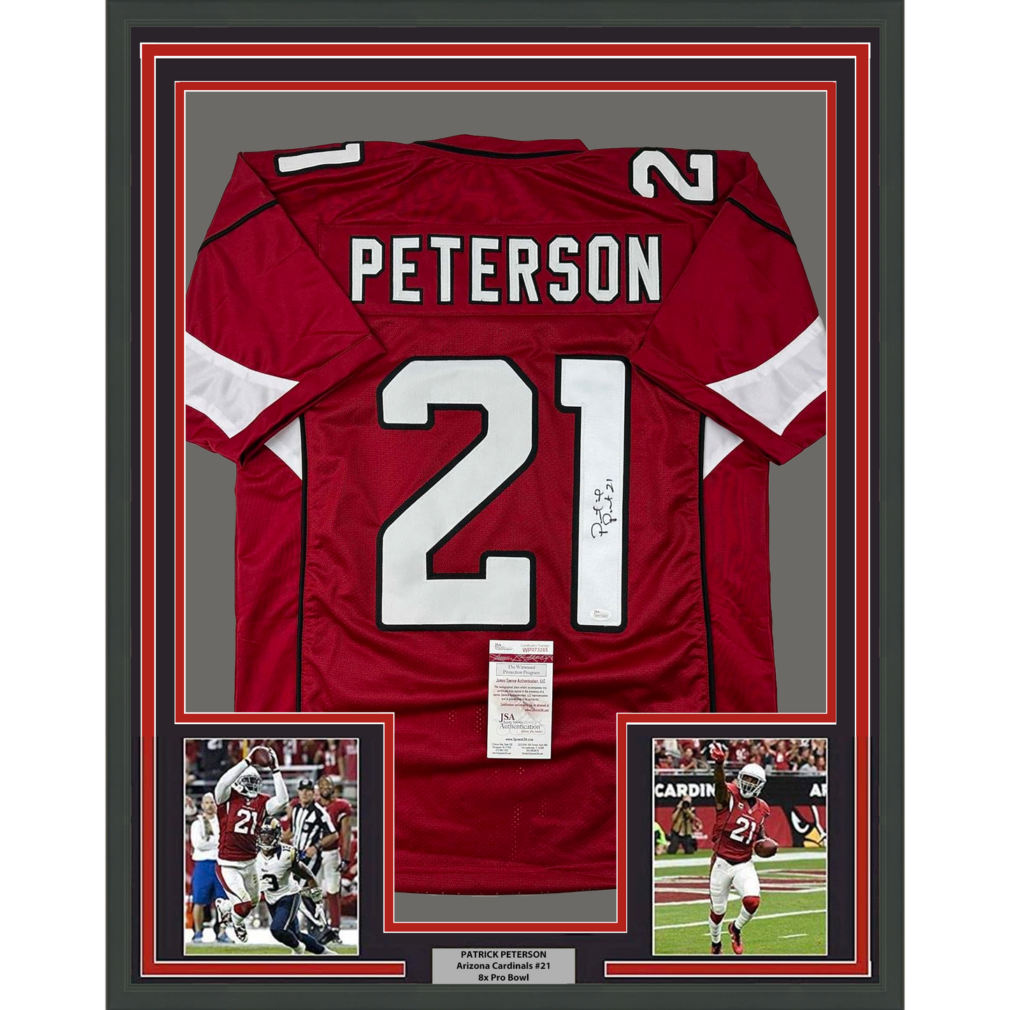 Framed Autographed/Signed Patrick Peterson 35x39 Arizona Red Football Jersey JSA COA
