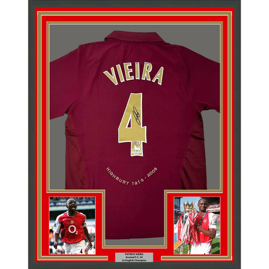 Framed Autographed/Signed Patrick Vieira 35x39 Arsenal Burgundy Soccer Jersey Beckett BAS COA