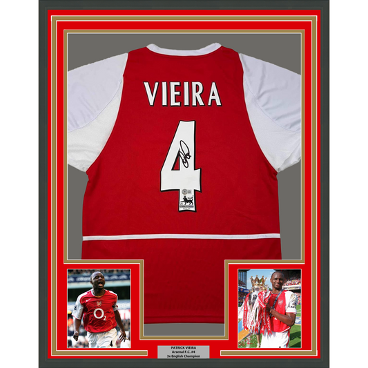 Framed Autographed/Signed Patrick Vieira 35x39 Arsenal Red Soccer Jersey Beckett BAS COA