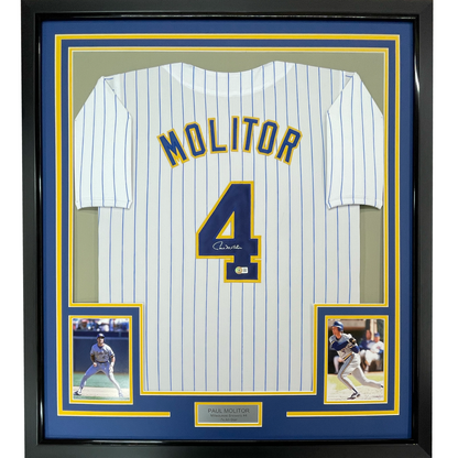 Framed Autographed/Signed Paul Molitor 35x39 Milwaukee Pinstripe Baseball Jersey Beckett BAS COA