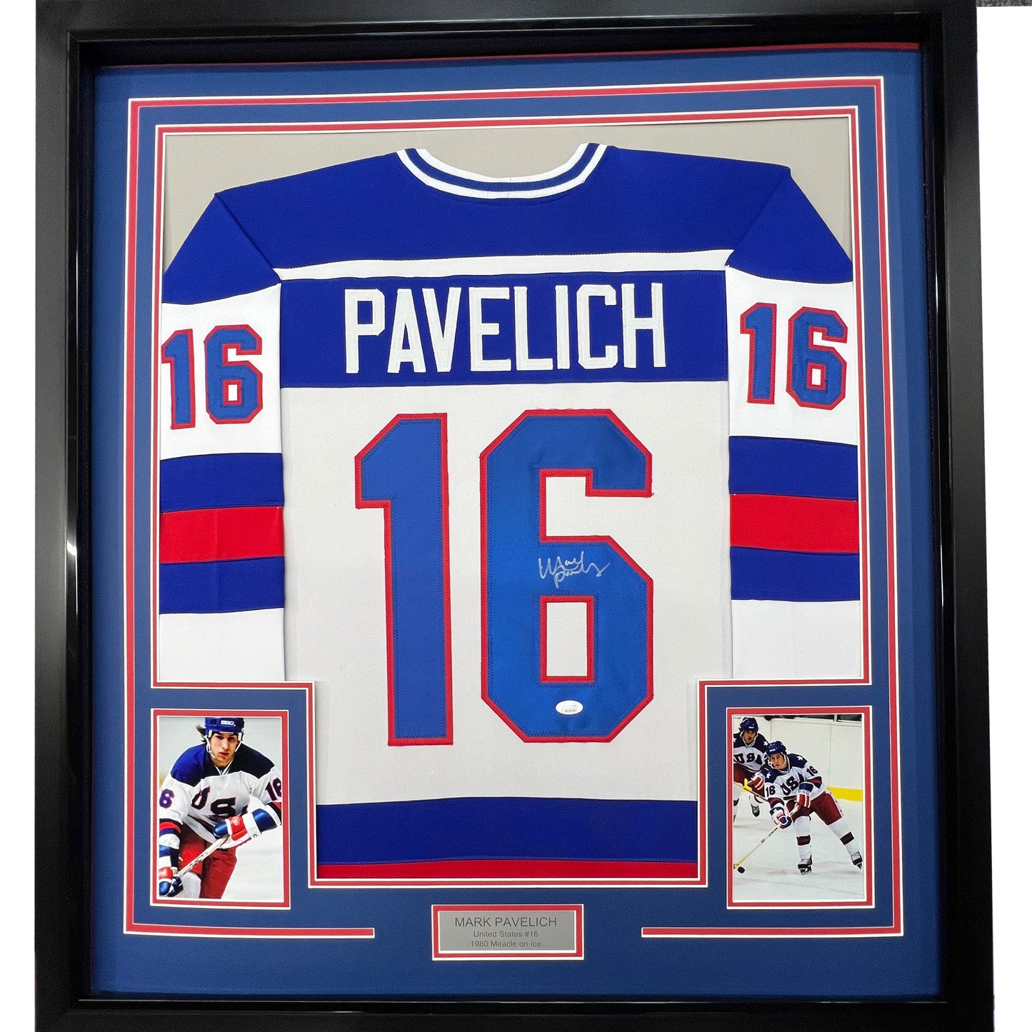 Framed Autographed/Signed Mark Pavelich 35x39 White Team USA Miracle On Ice 1980 Olympics Hockey Jersey JSA COA