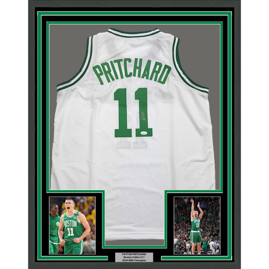 Framed Autographed/Signed Payton Pritchard 35x39 Boston White Basketball Jersey JSA COA