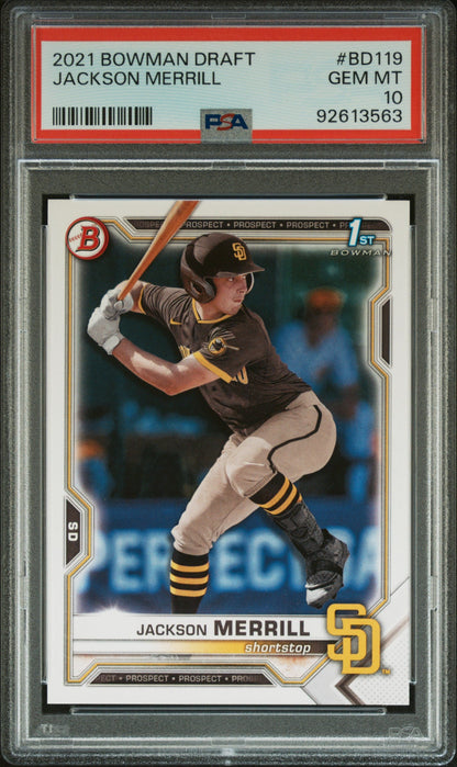 Graded 2021 Topps Bowman Draft Jackson Merrill #BD119 Rookie RC Baseball Card PSA 10 Gem Mint