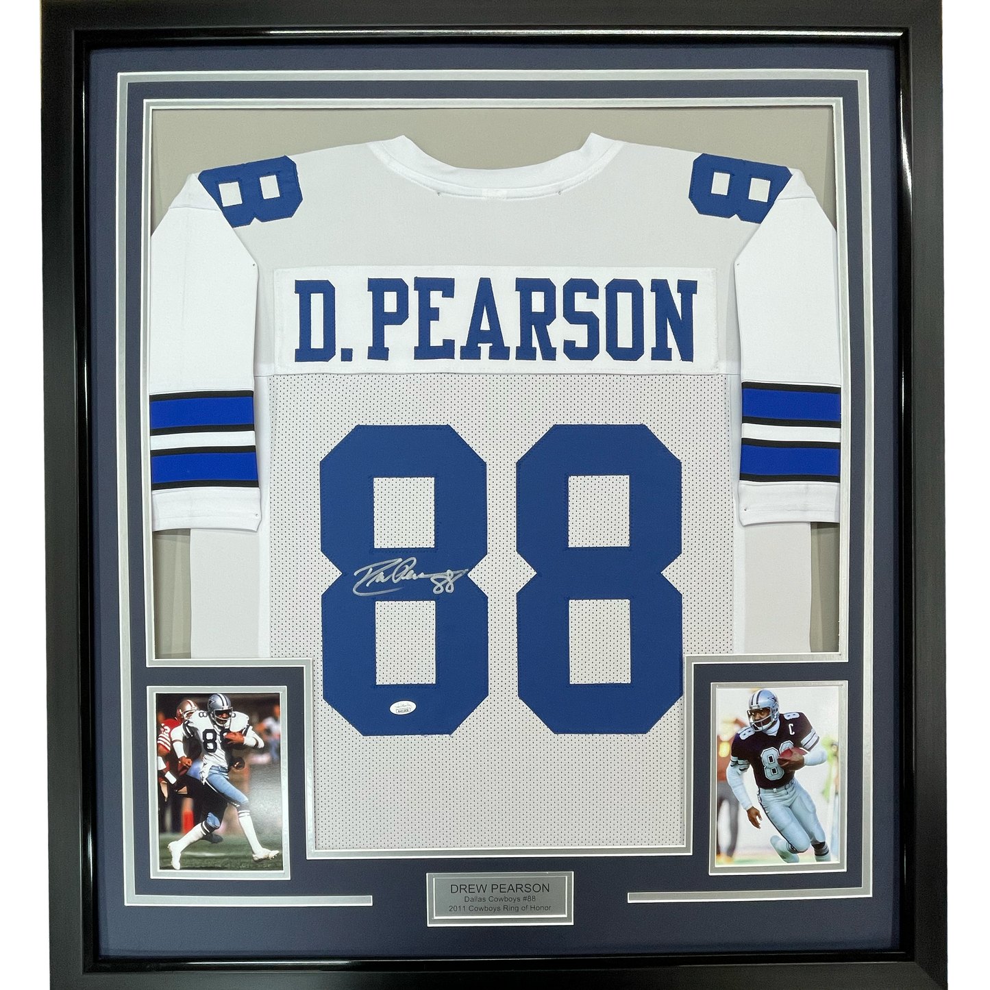 Framed Autographed/Signed Drew Pearson 35x39 Dallas White Football Jersey JSA COA