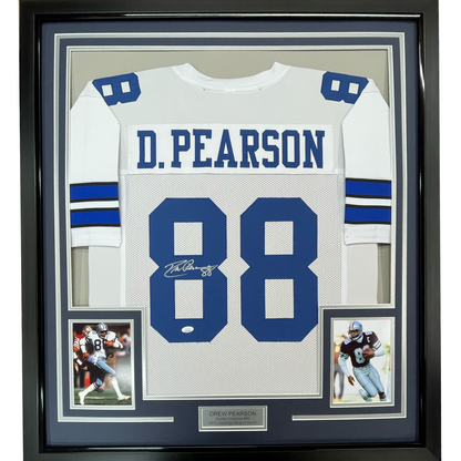 Framed Autographed/Signed Drew Pearson 35x39 Dallas White Football Jersey JSA COA