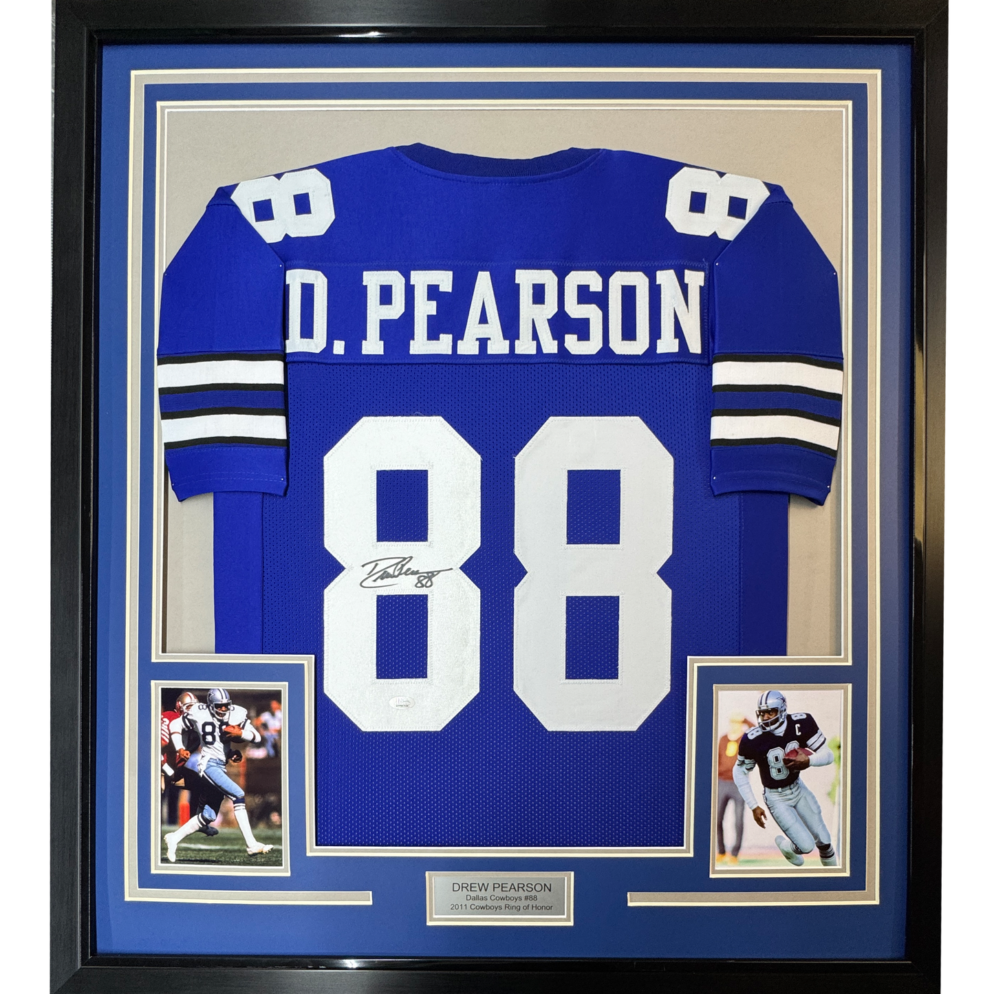 Framed Autographed/Signed Drew Pearson 35x39 Dallas Blue Football Jersey JSA COA