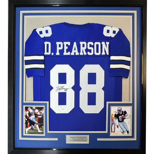 Framed Autographed/Signed Drew Pearson 35x39 Dallas Blue Football Jersey JSA COA